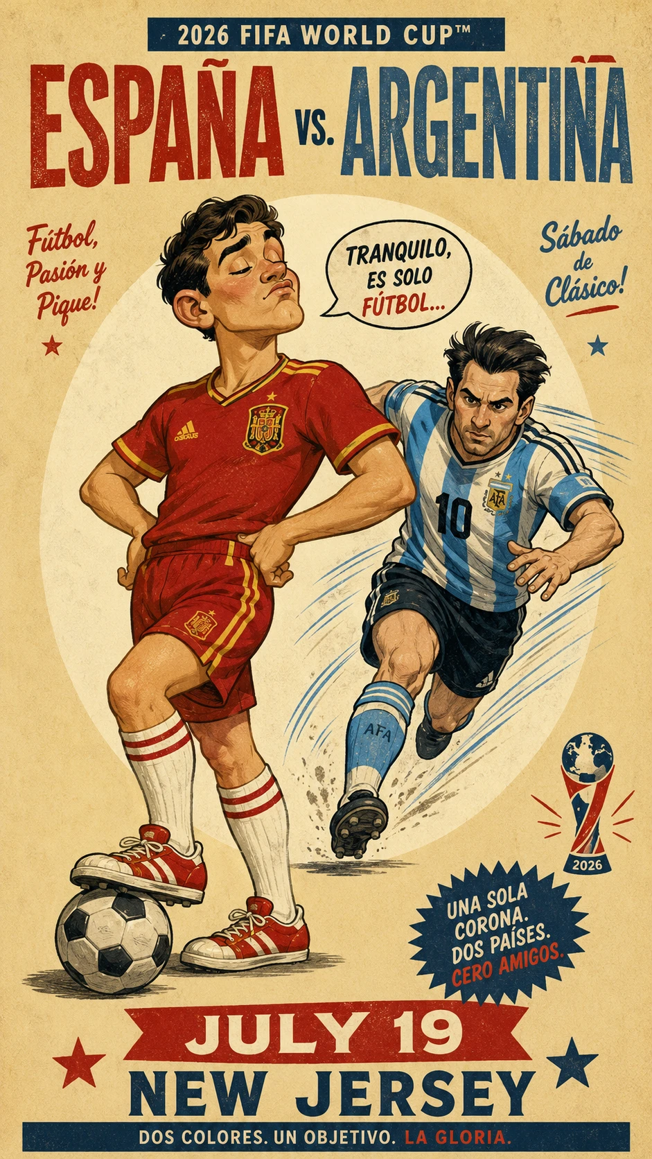 Pôster retrô de propaganda de futebol com jovem brincalhão
