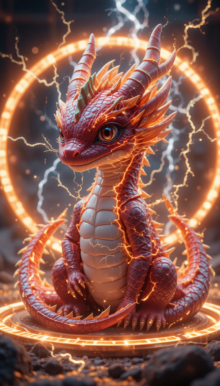 Dragão bebê chibi em um círculo mágico de invocação brilhante