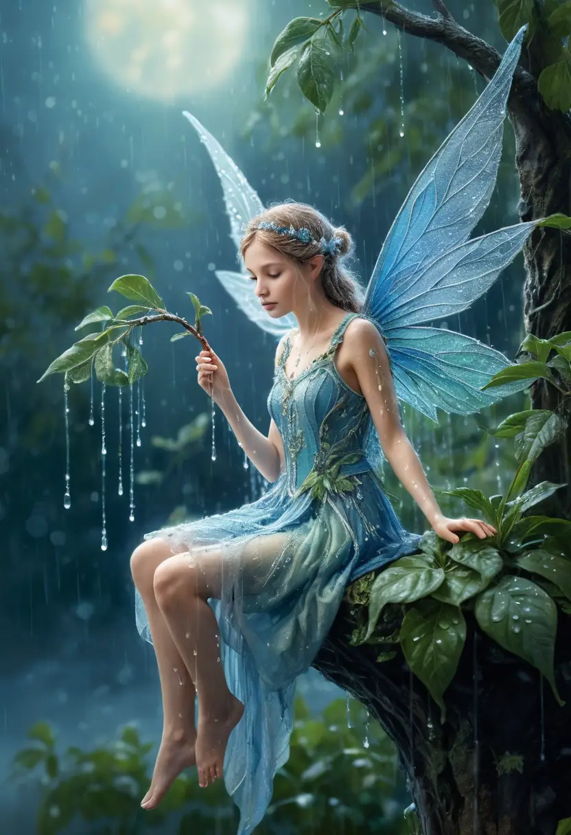 薄霧繡雨中枝頭的纖細藍色精靈