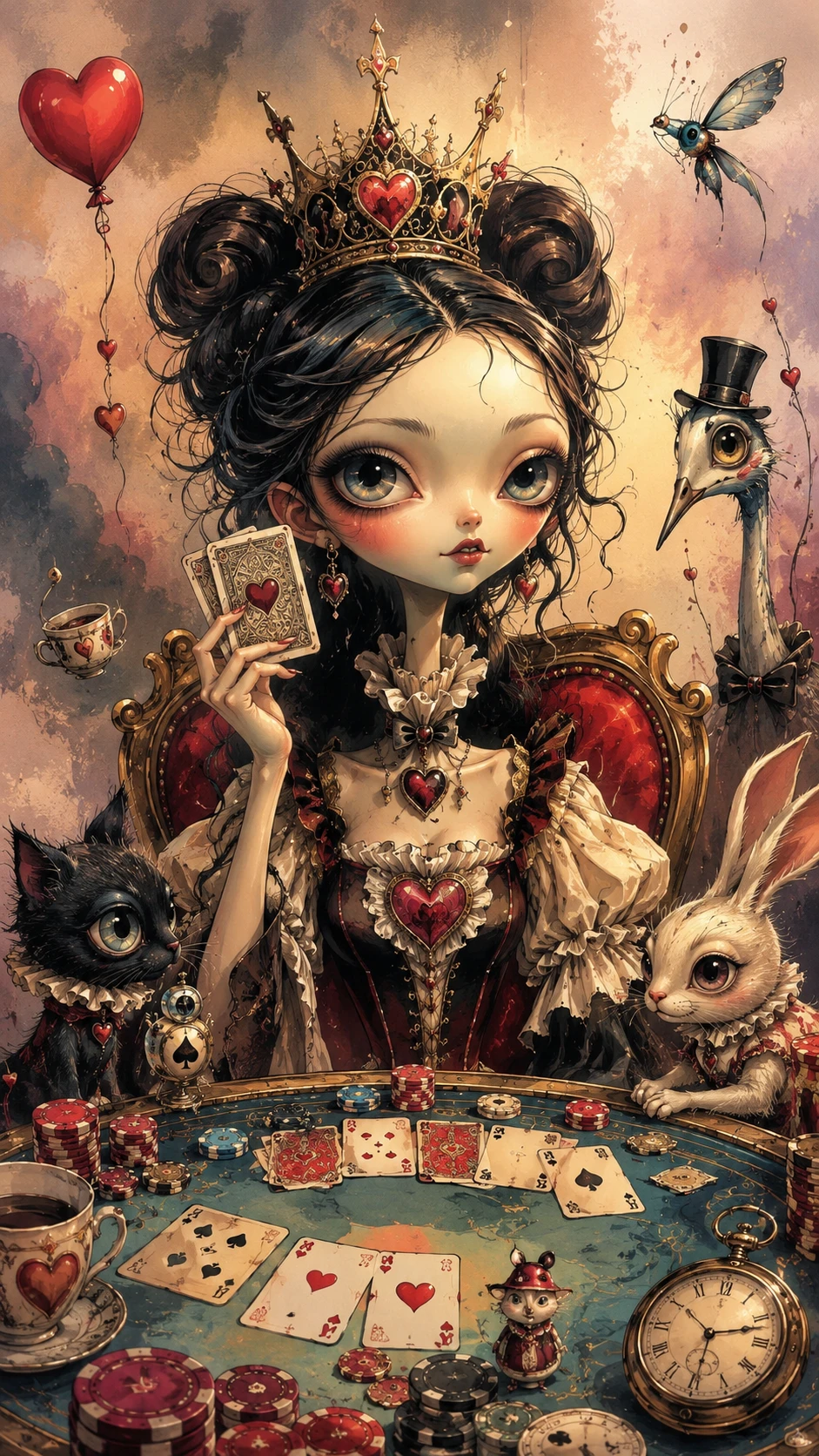Rainha surreal jogando pôquer com criaturas mágicas fantasiosas