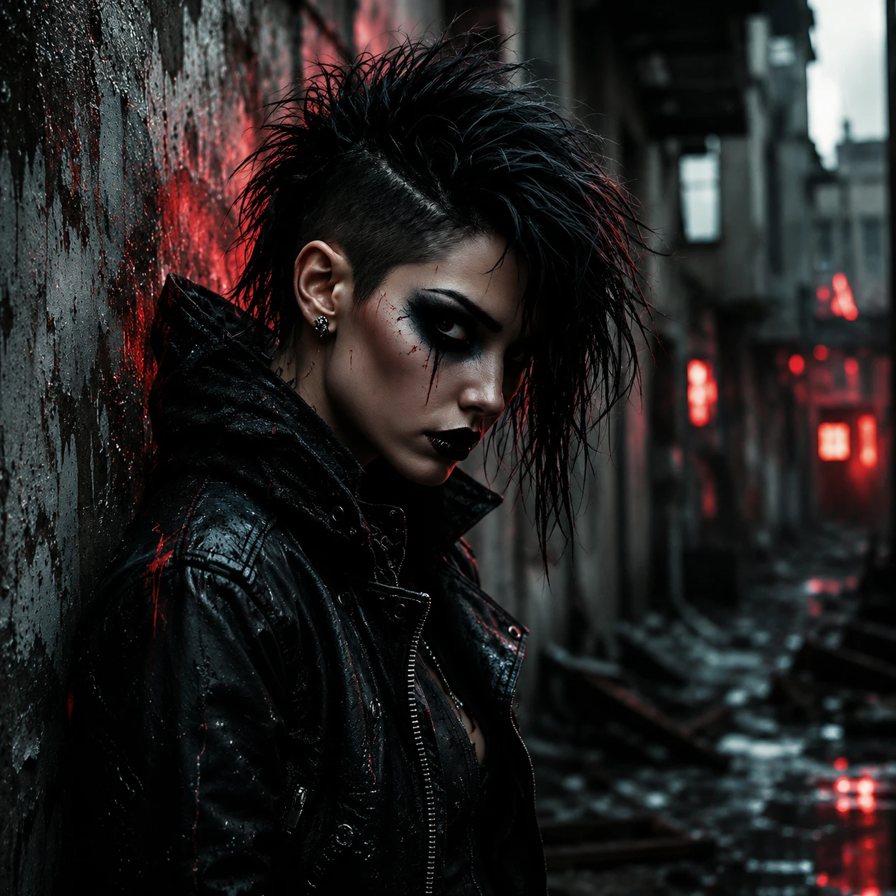 Mulher punk de couro diante de parede urbana em decadência