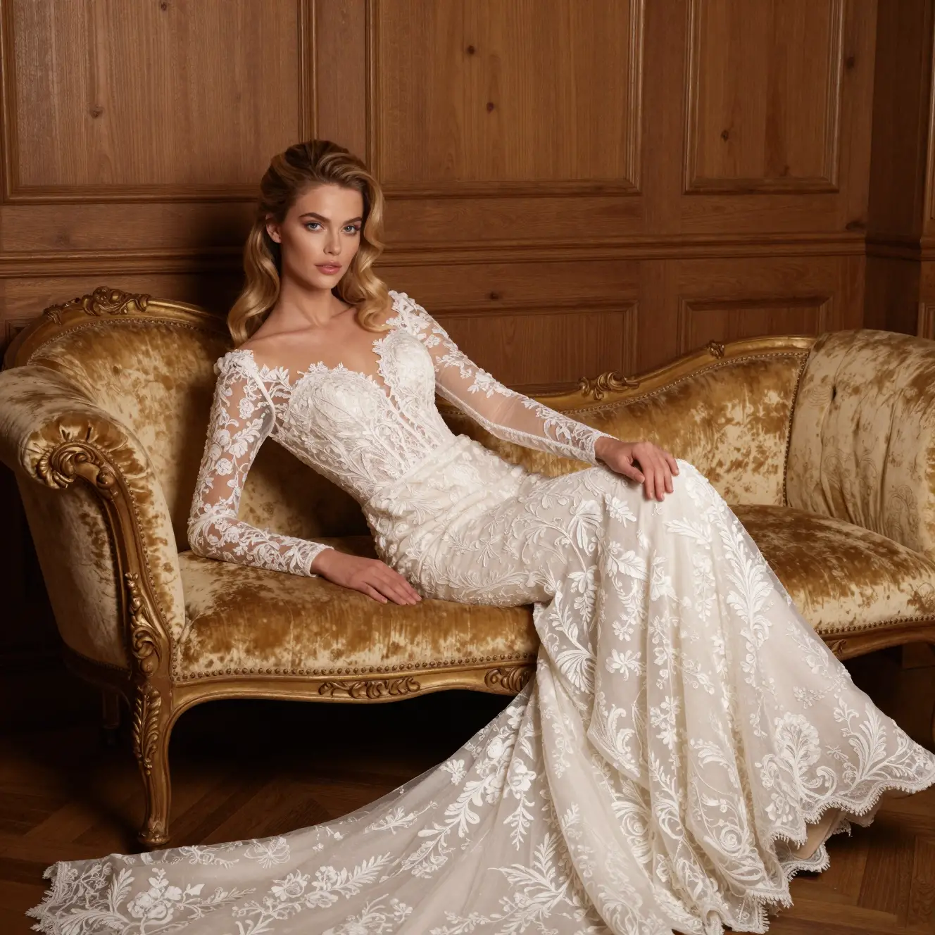 Noiva elegante reclinada em chaise longue vintage de veludo