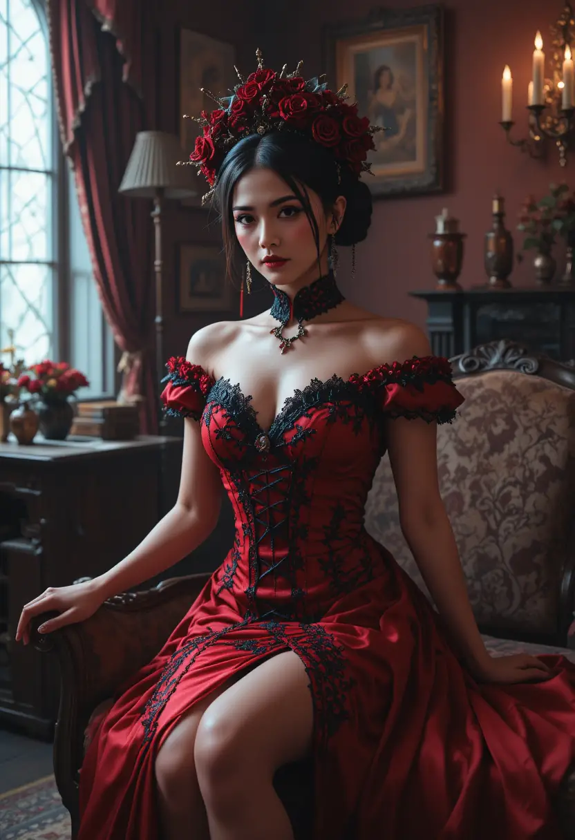 紅色維多利亞風禮服的哥德風女吸血鬼在客廳裡