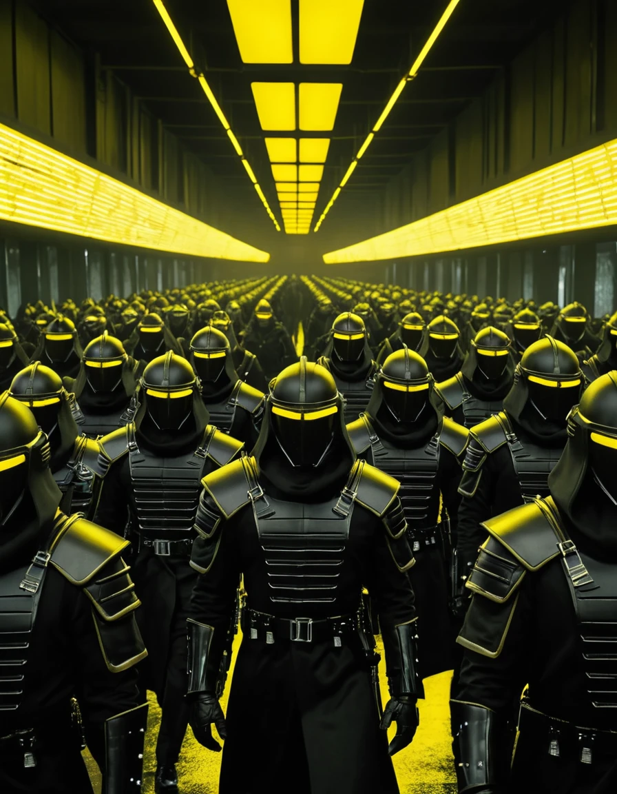 Exército futurista de soldados marchando por base iluminada por néon