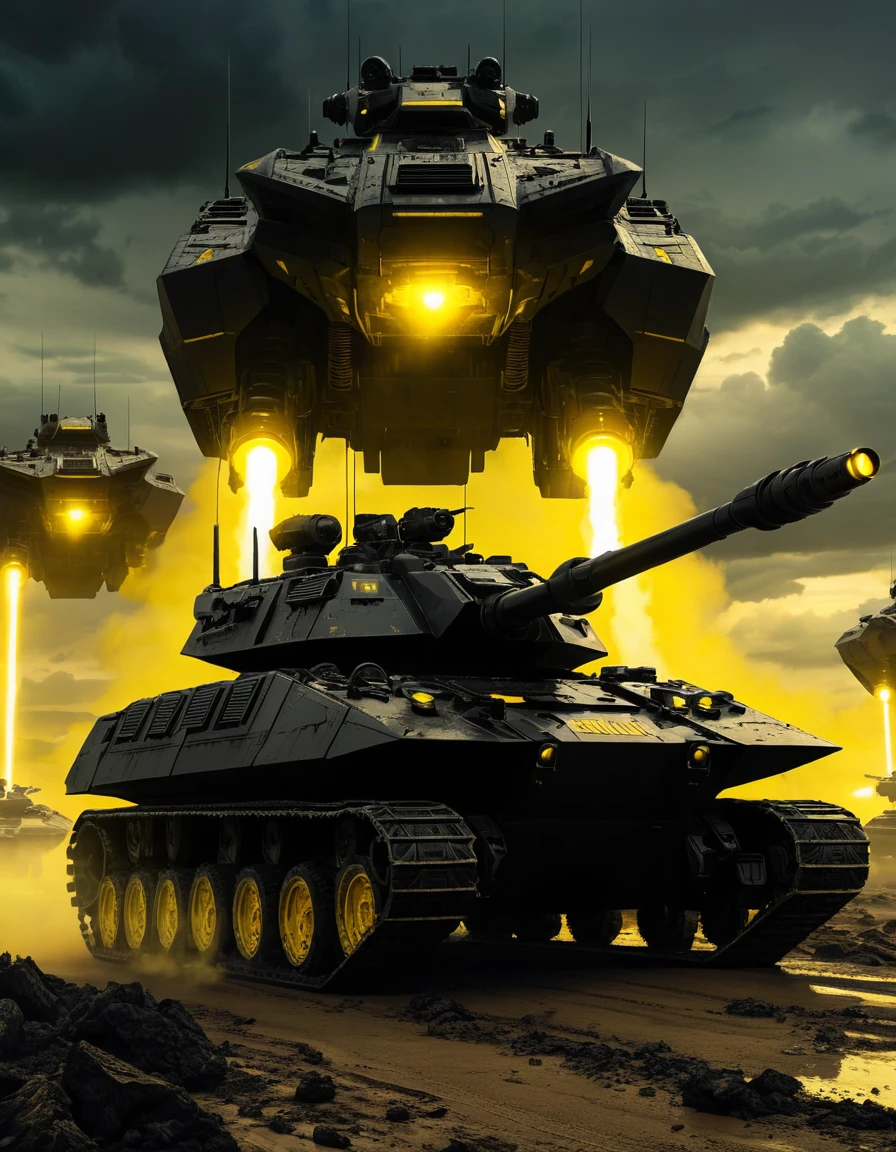 Tanques de ficção científica gigantes avançando por um ermo tempestuoso