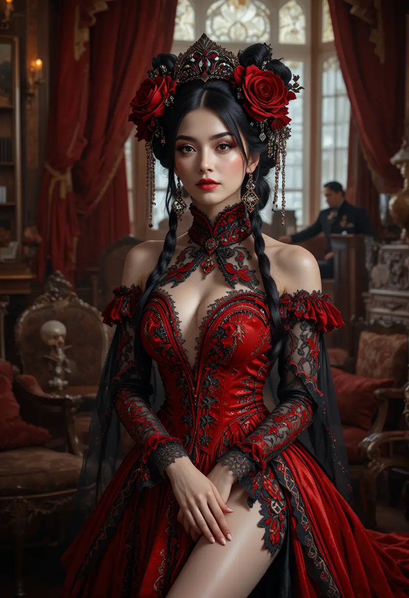 紅色維多利亞風禮服的哥德式女吸血鬼在會客室中