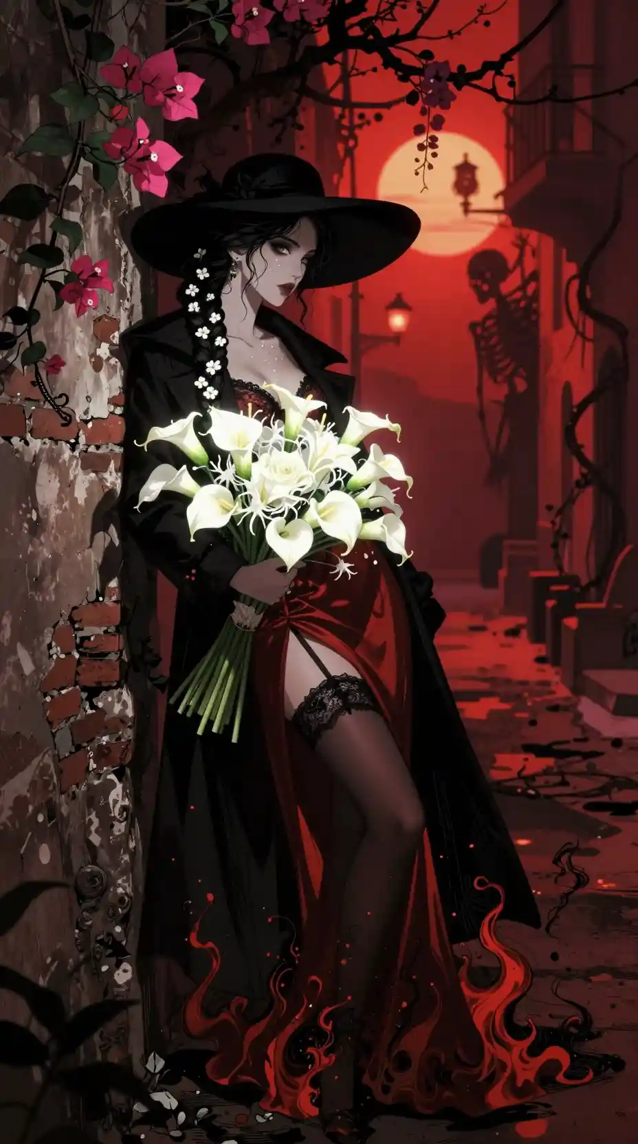Gothic anime portrait of a Greek woman in an alleyway
