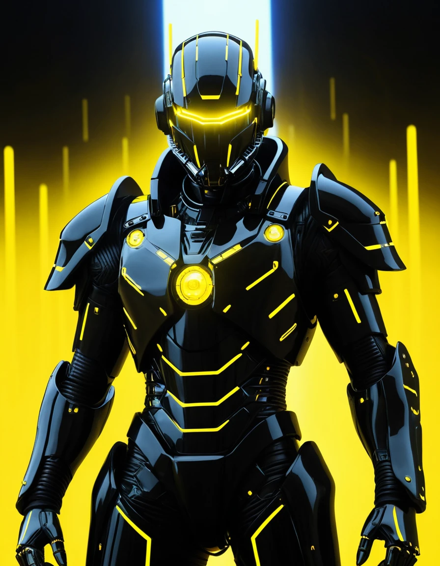 Guerriero cyborg in armatura nera con luce gialla al neon