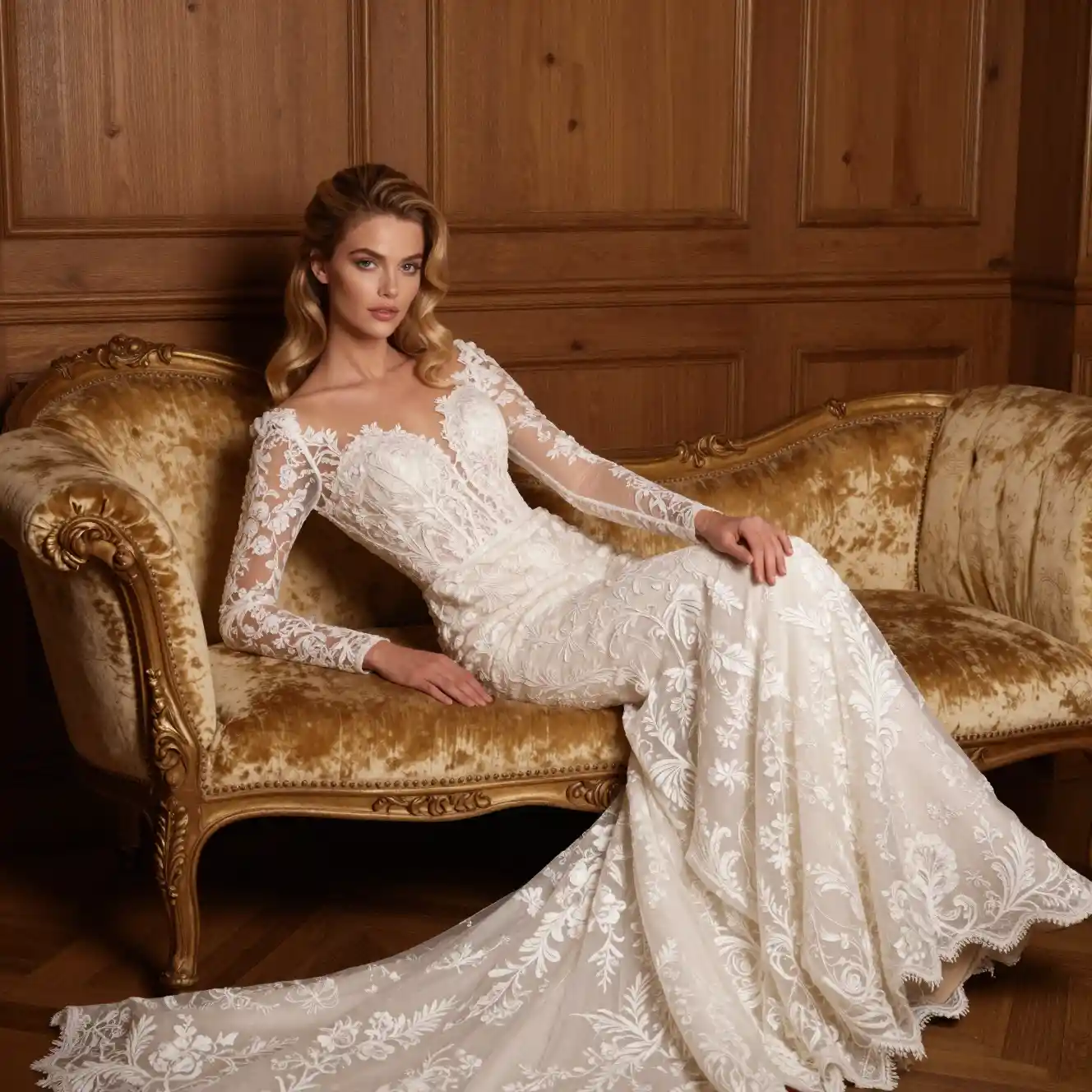 Noiva elegante reclinada em chaise longue vintage de veludo