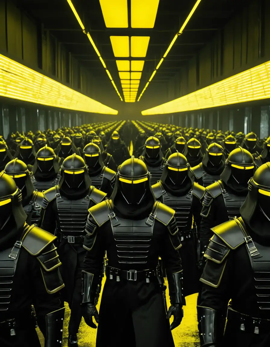Futuristische Armee von Soldaten marschiert durch neonbeleuchte Basis
