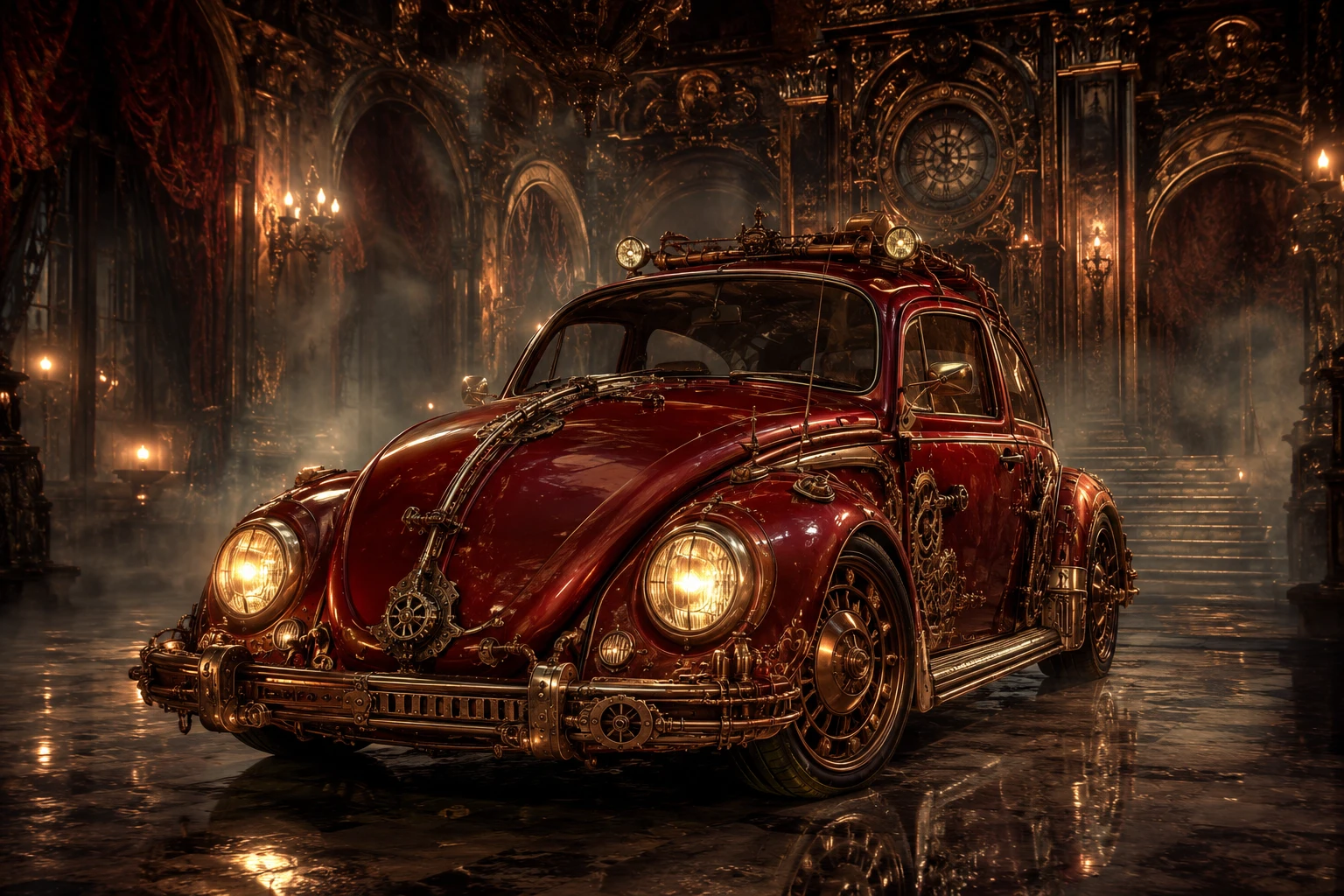 Carro besouro steampunk vermelho em um palácio opulento e enevoado
