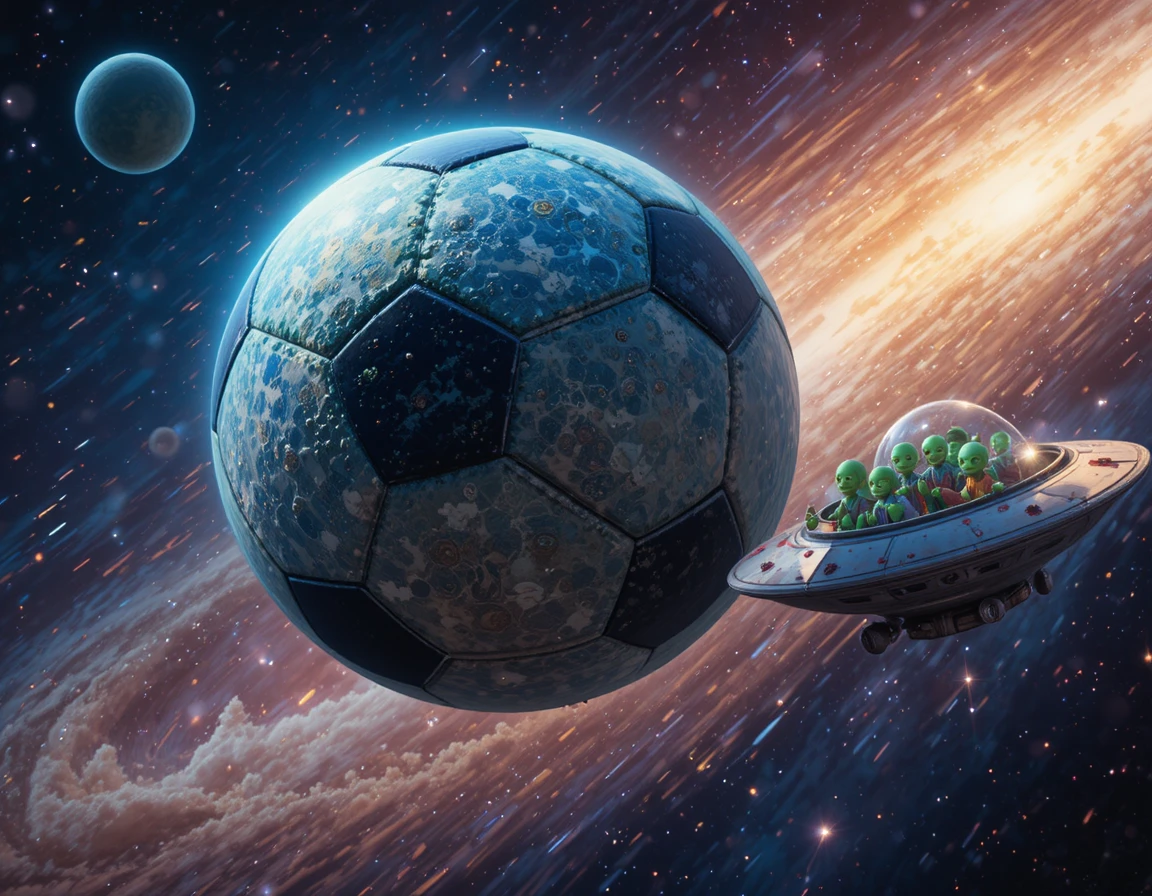 Giant soccer ball streaking through deep outer space