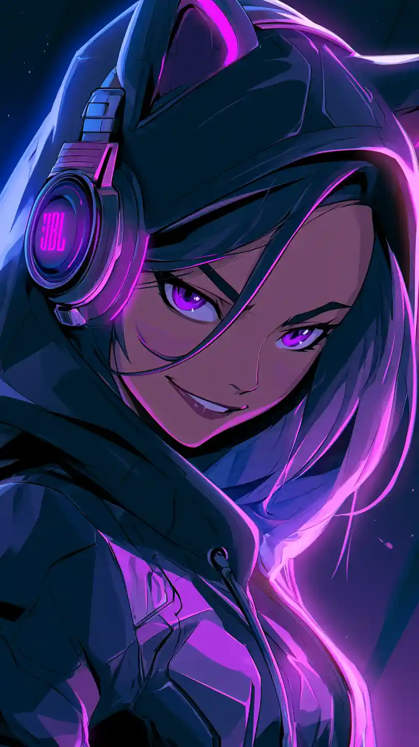 Anime girl in cat ear hoodie with neon cyberpunk glow