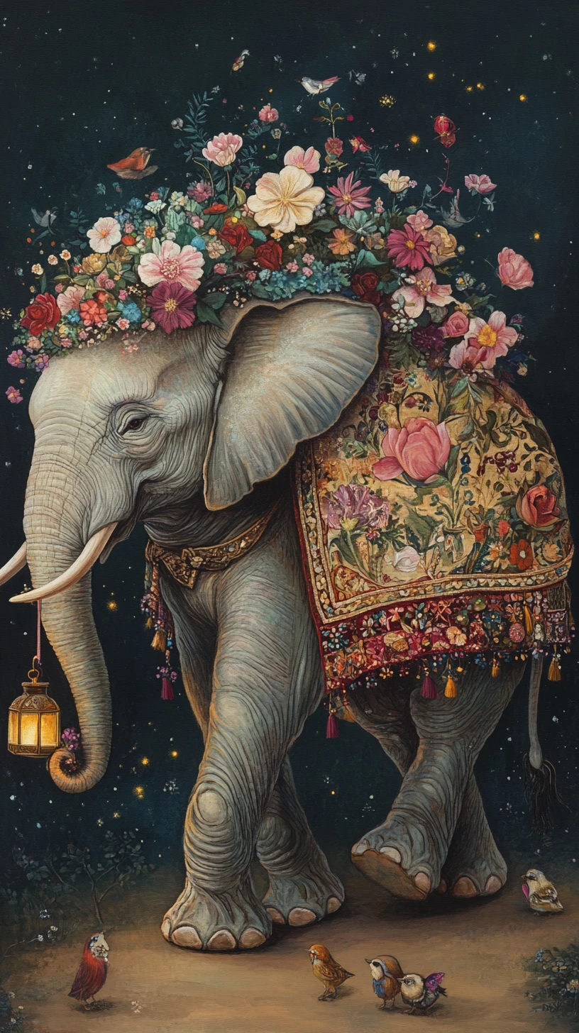 Elefante bondoso carregando um cobertor florido com presentes da floresta