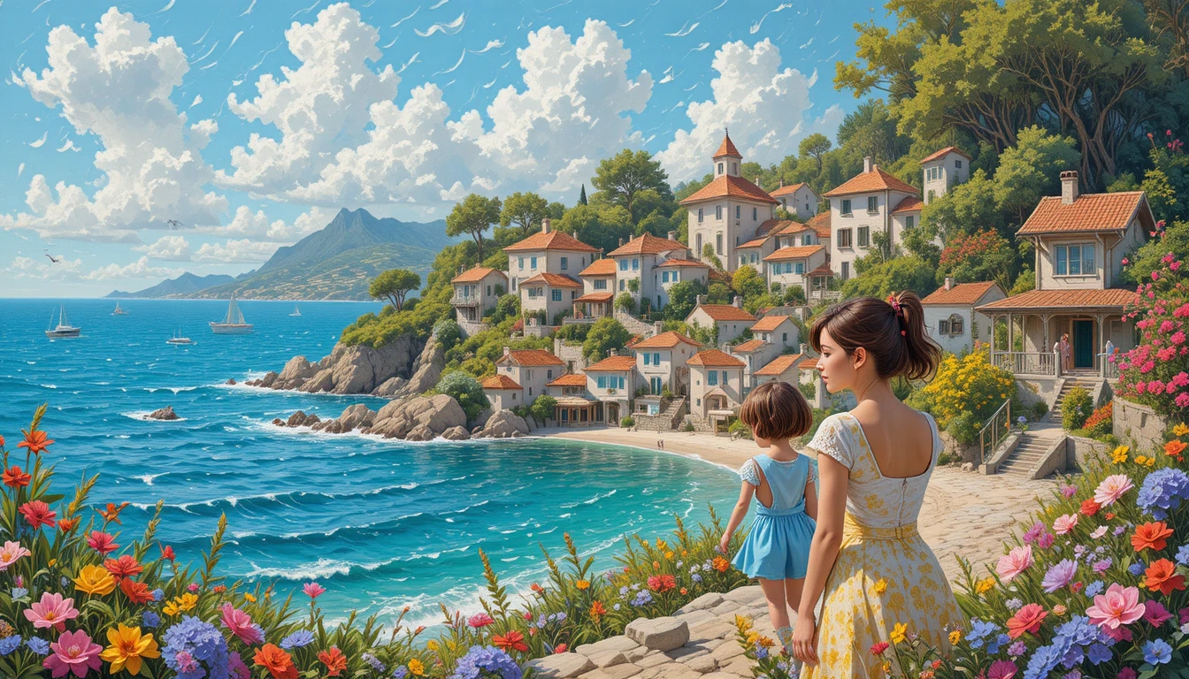 村で母と子どもたちを描いた夏のファンタジーポートレート