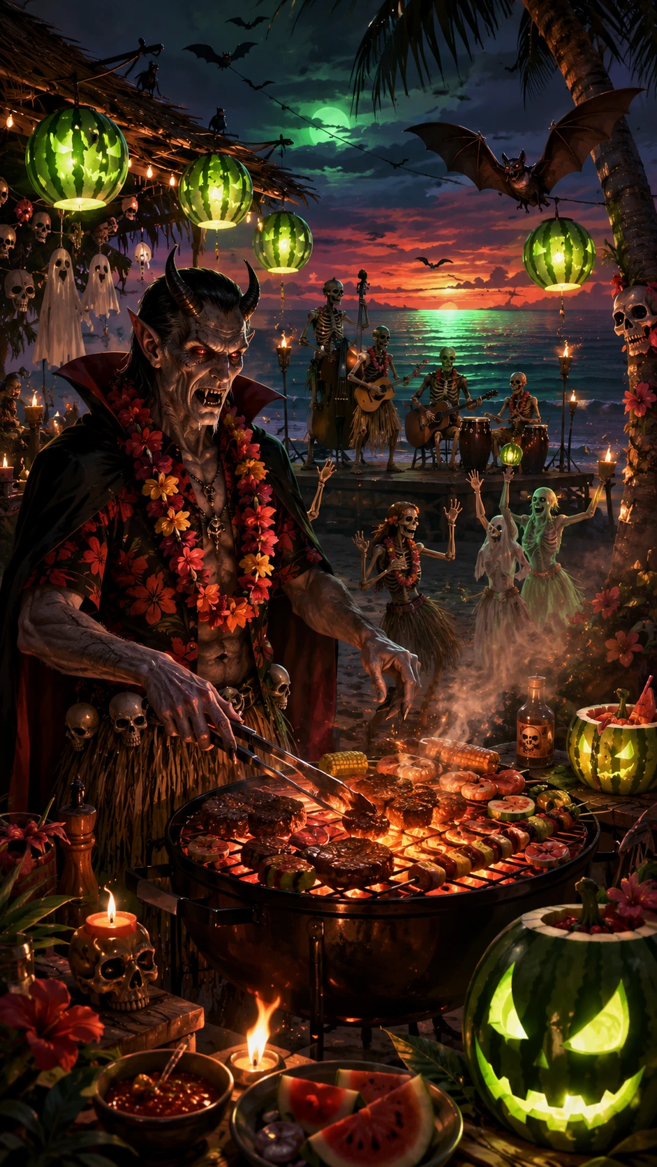 Mestre churrasqueiro vampiro demoníaco em um sinistro churrasco na praia