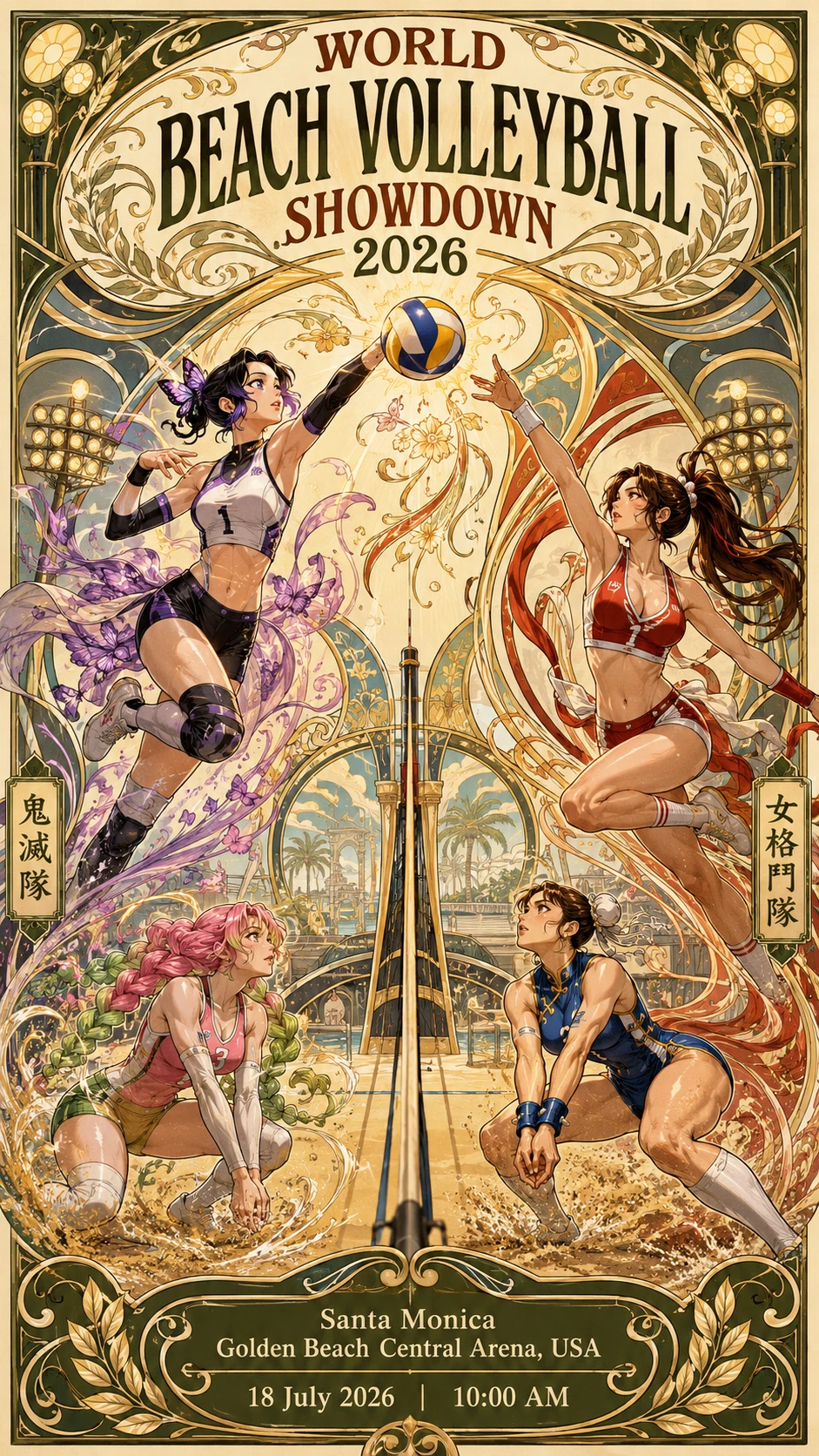 Duelo de vôlei de praia em estilo art nouveau na areia dourada