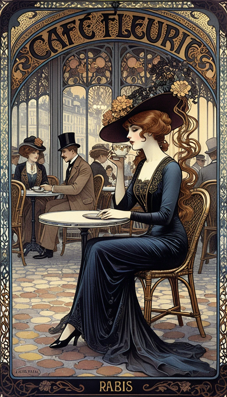 Mulher elegante de vestido preto em um café de rua parisiense