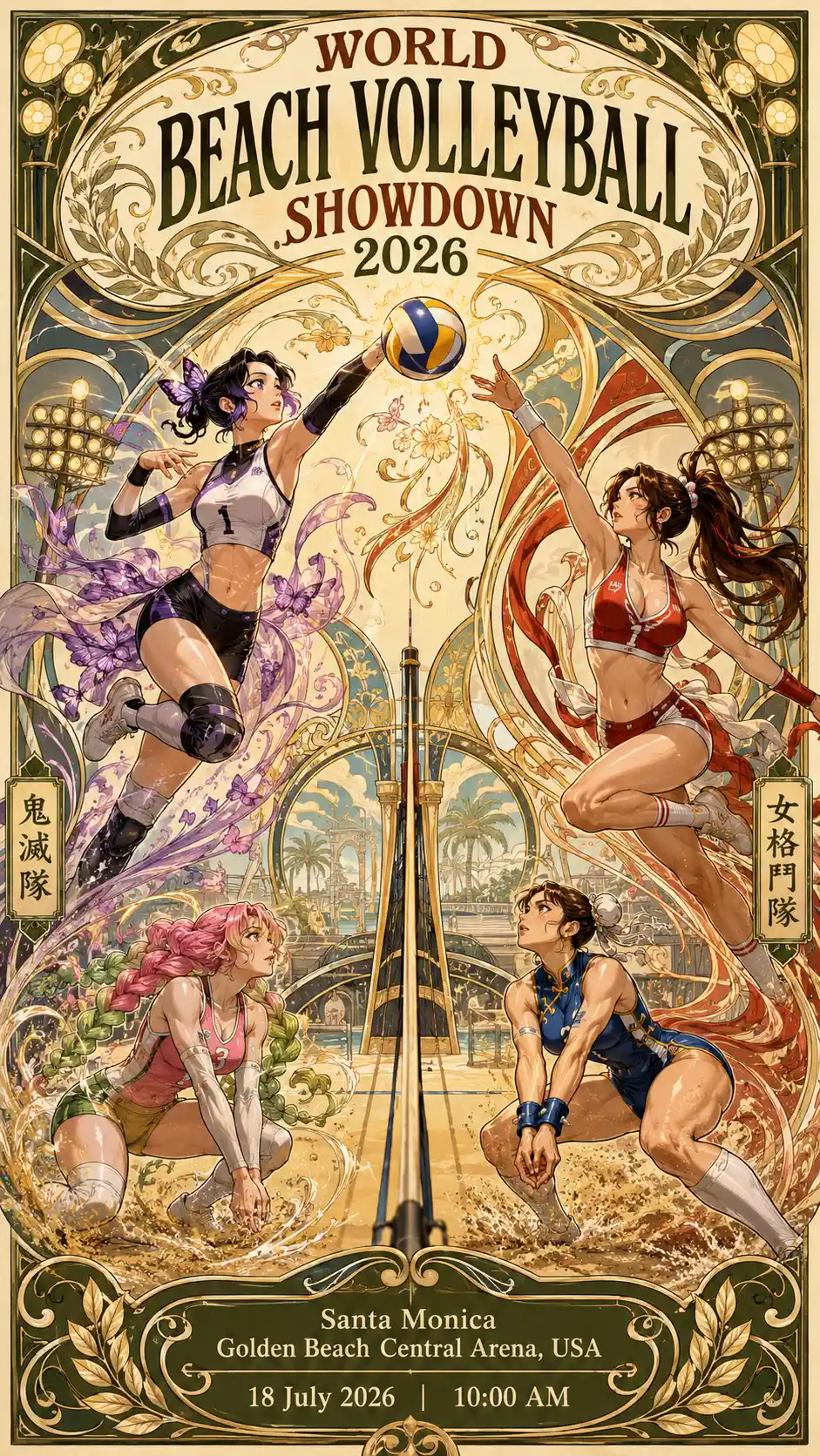 Art nouveau beach volleyball duel on golden sand