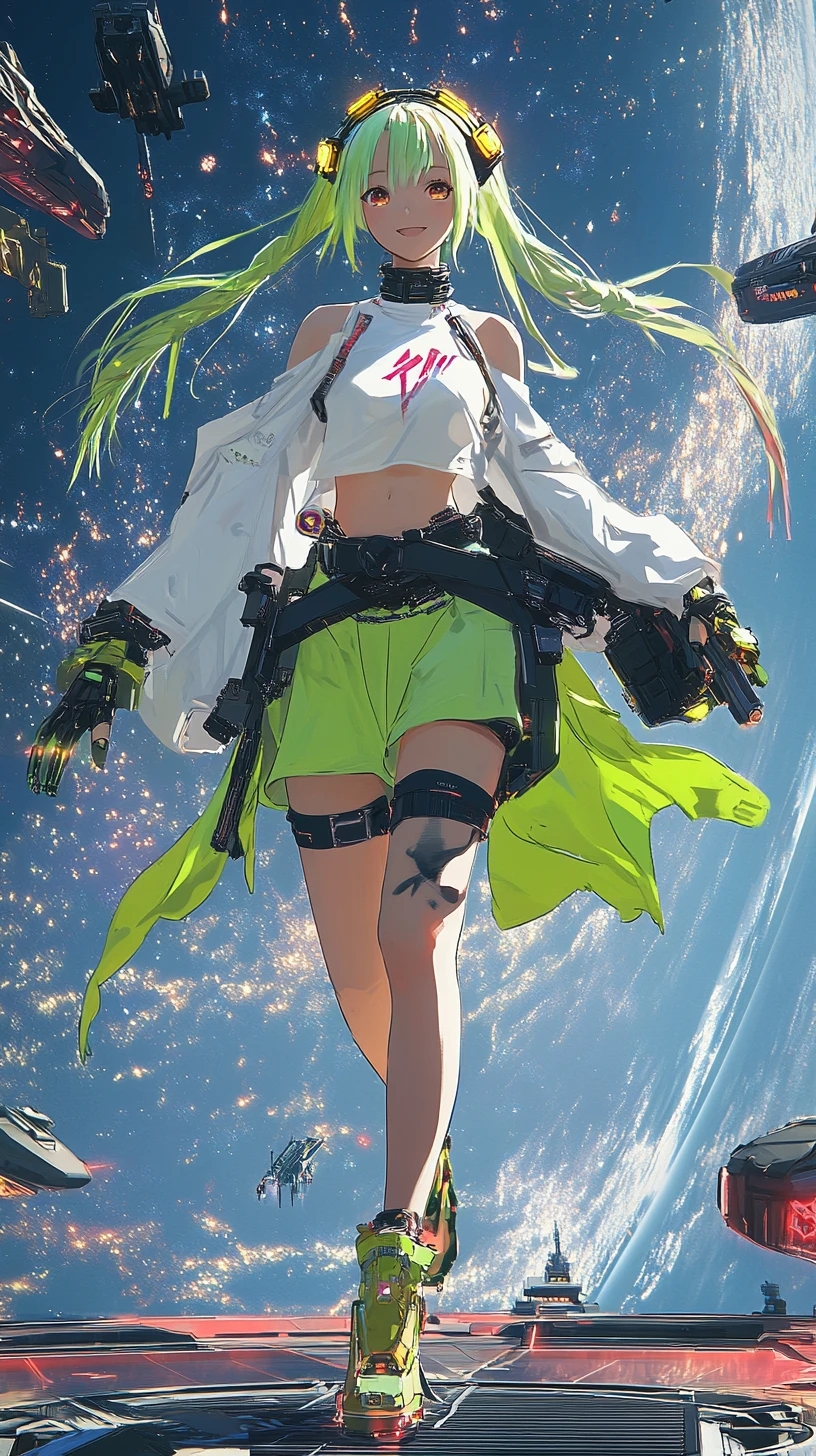 Ragazza anime che cammina su una piattaforma spaziale fluttuante