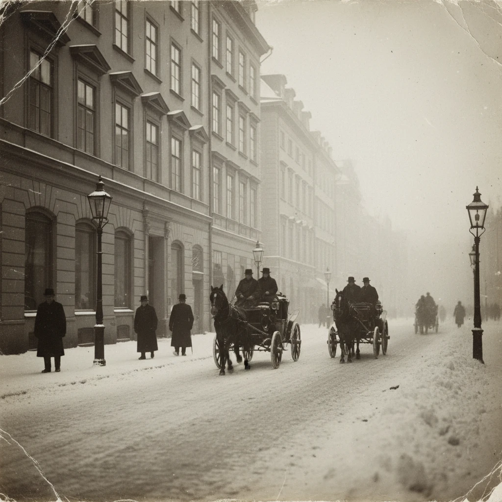 1918年の雪のストックホルムの通りと馬車