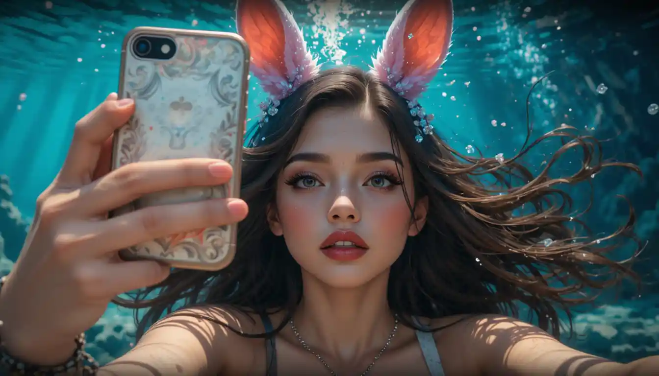Young woman in rabbit costume taking a playful selfie