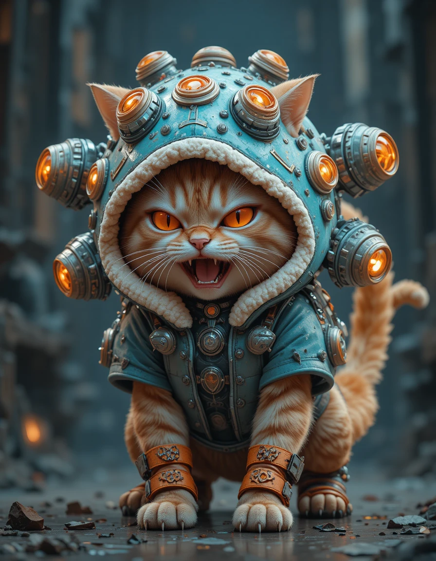 Gato malhado de anime feroz com capuz techwear ciano