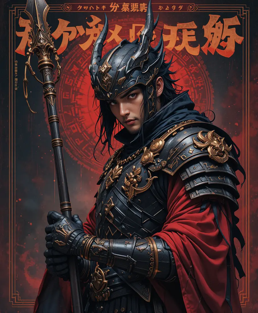 Dark fantasy dragon knight with spear in dramatic portrait