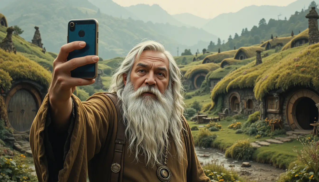 Ilustración de selfie de mago con hobbits en una Comarca pacífica