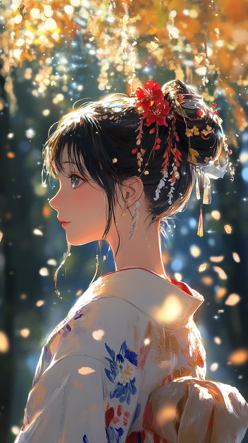 Anime girl in white kimono under glowing autumn forest canopy