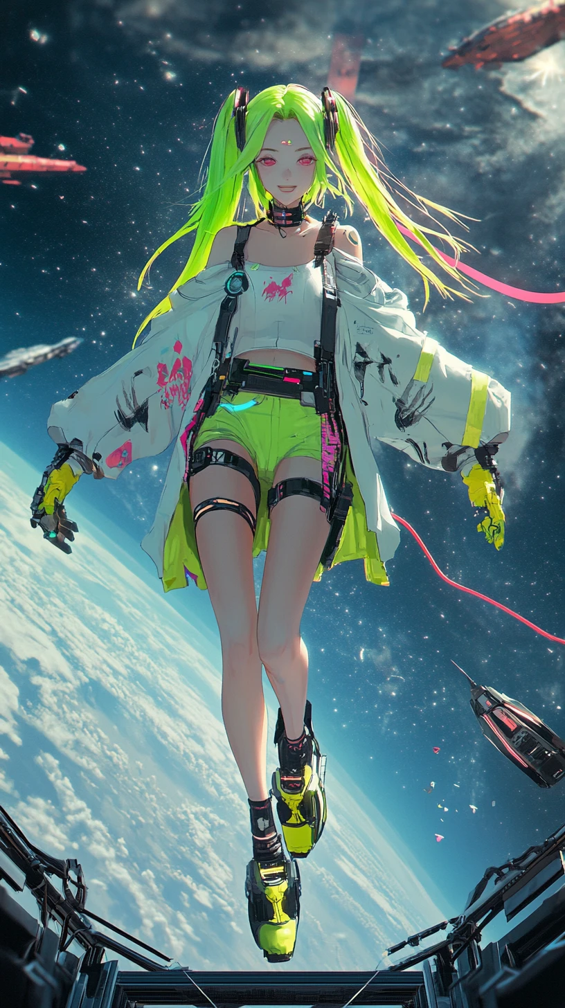 Garota de anime caminhando na beira de uma plataforma flutuante no espaço