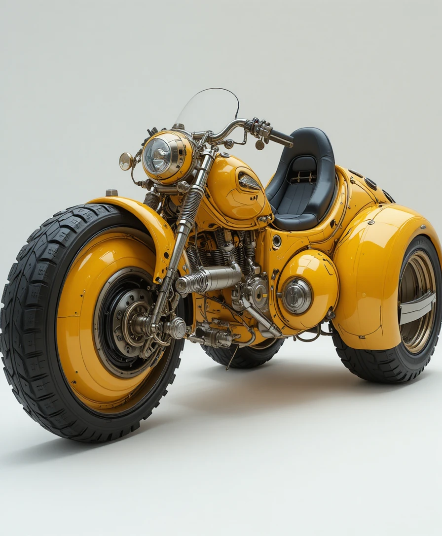 Futuristisches gelbes Trike mit breiten schwarzen Gummireifen