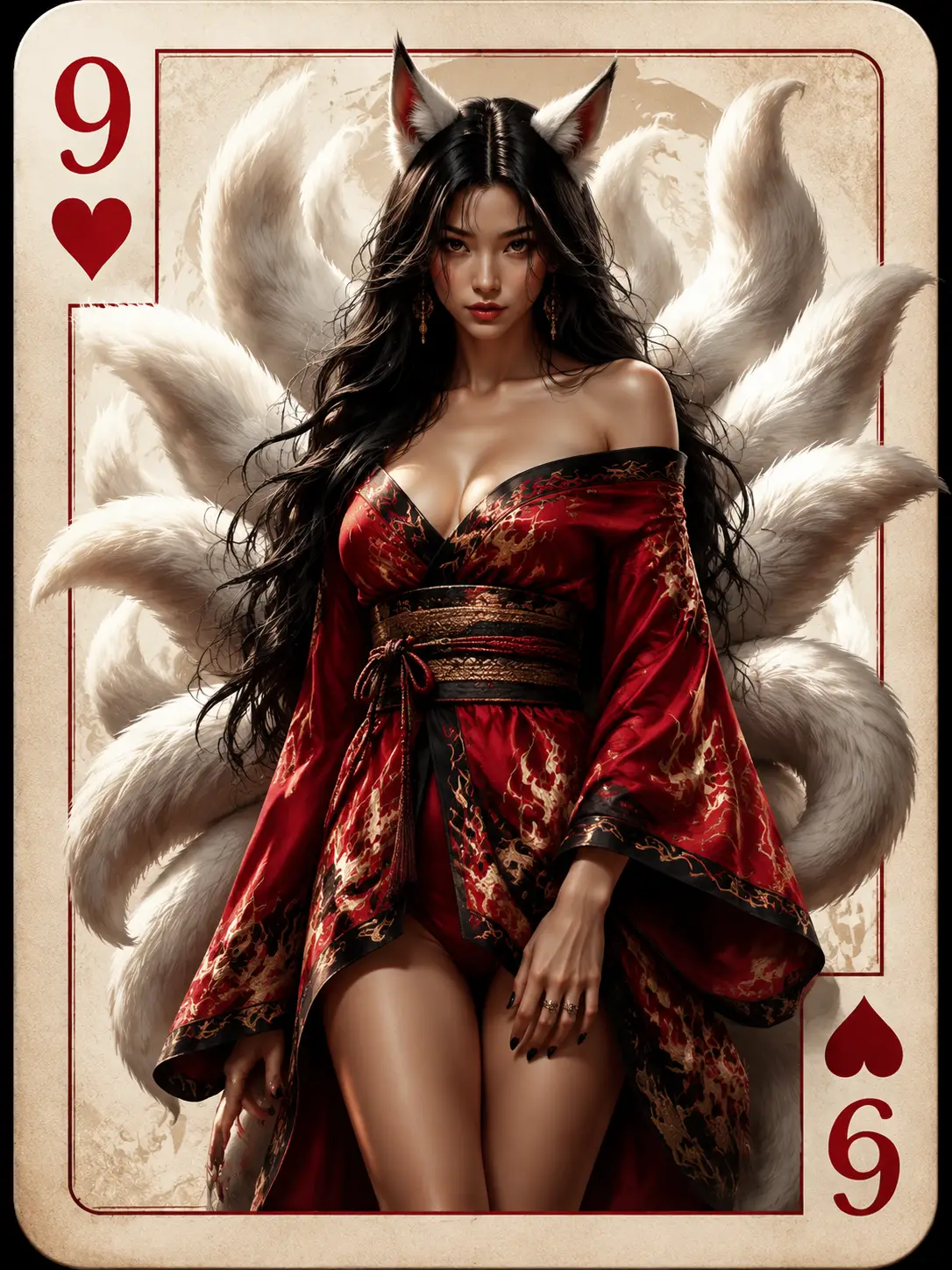 Mythical nine tailed fox woman in red kimono card