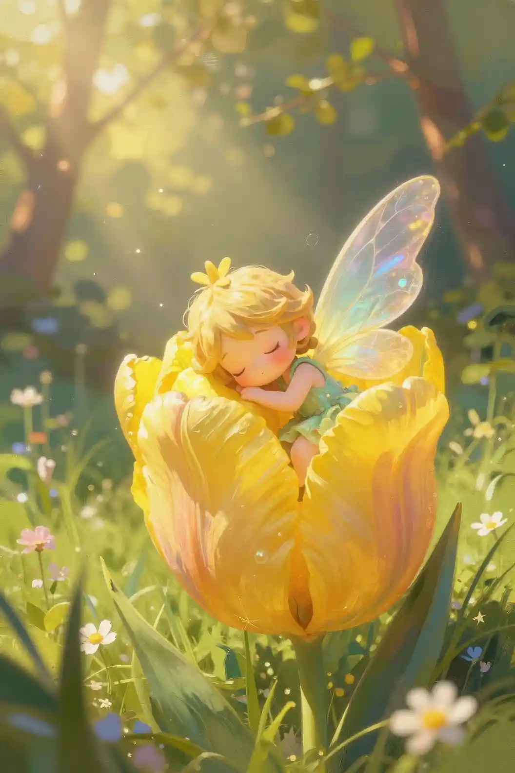 Cute fairy sleeping inside a yellow tulip in spring meadow