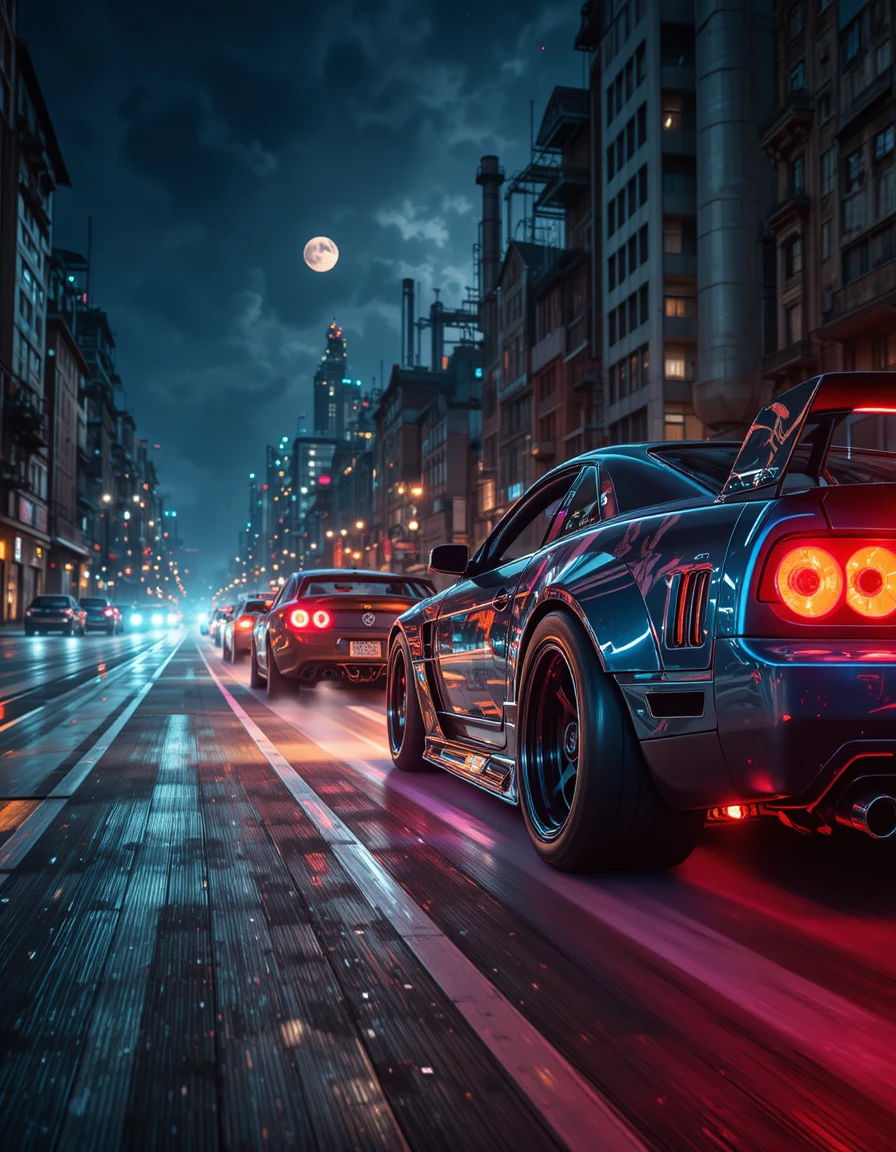 Carros de corrida de rua em close com brilho de neon à noite