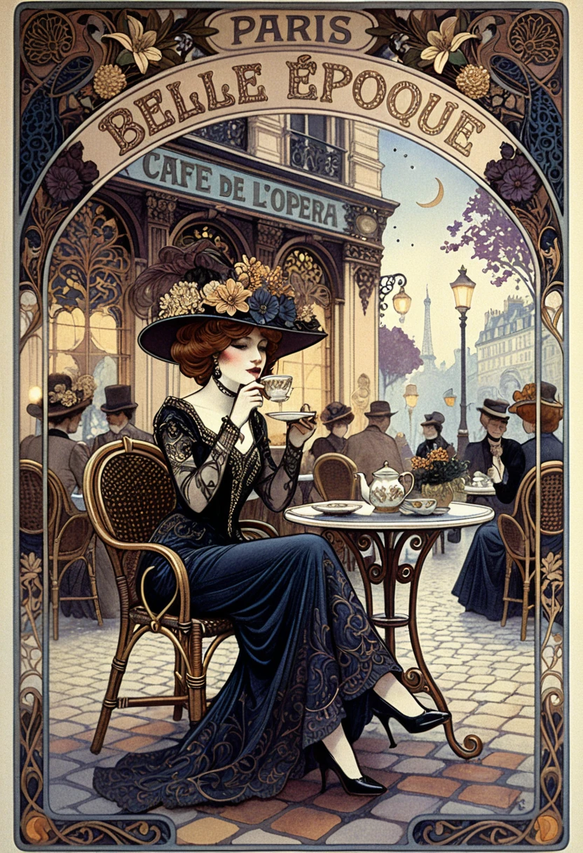 Elegante Frau im schwarzen Abendkleid im Pariser Café