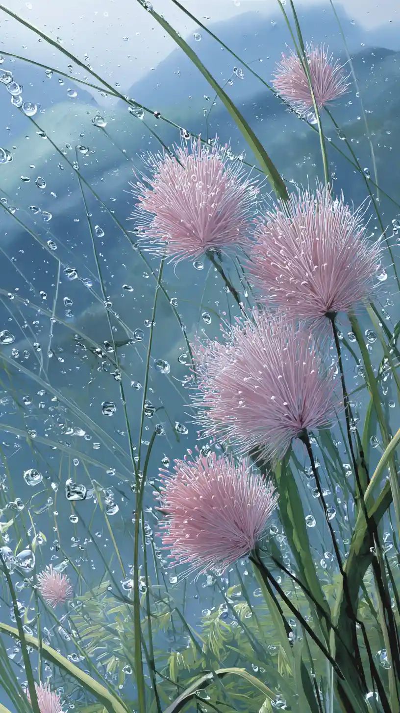 Erba della Pampa rosa con ciliegie accanto a un’acqua blu scintillante