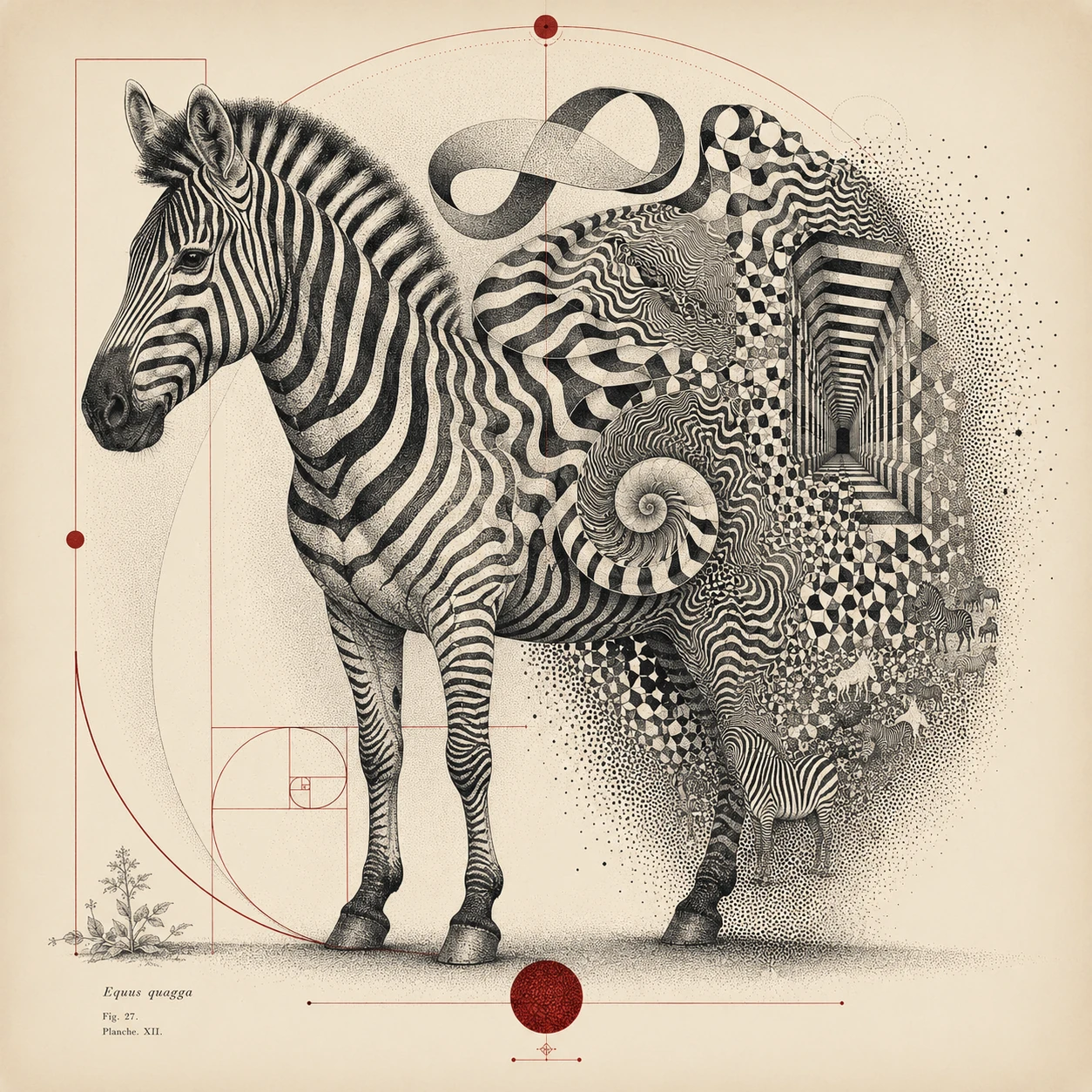 Zebra com listras se transformando em formas matemáticas abstratas