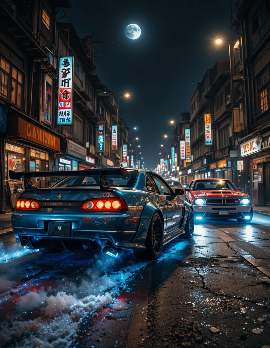 Carros de corrida de rua neon em uma cidade industrial escura