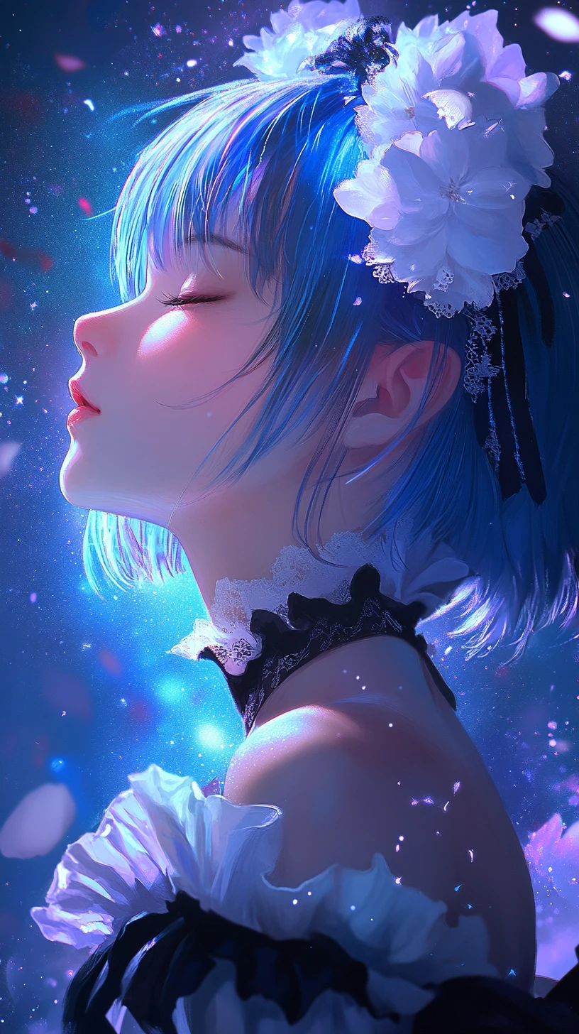 Ragazza anime cameriera dai capelli blu nella serena luce stellare cosmica