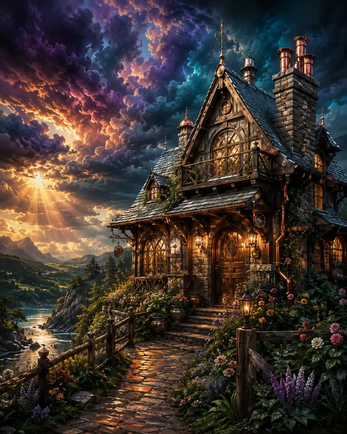 Enchanting English cottage in dramatic fantasy storm light