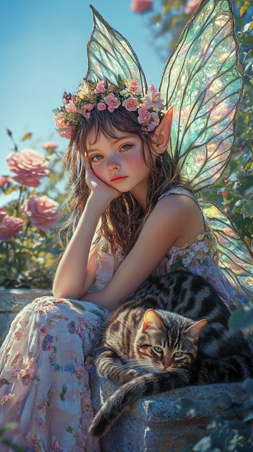 Fairy girl with cat on a stone wall in rose garden