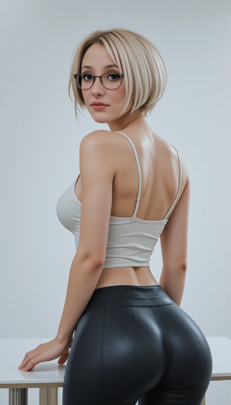 Mulher loira de óculos inclinando-se para frente de leggings