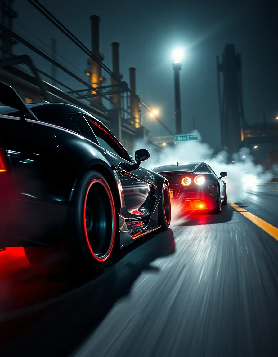 Close up street racing cars drifting through smoky night