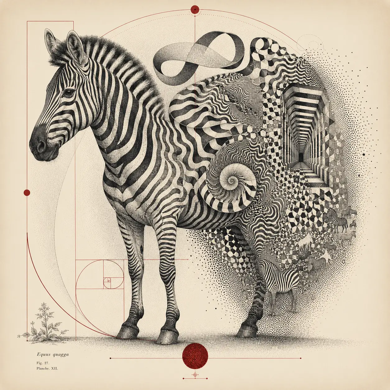 Zebra mit Streifen, die sich in abstrakte mathematische Formen verwandeln