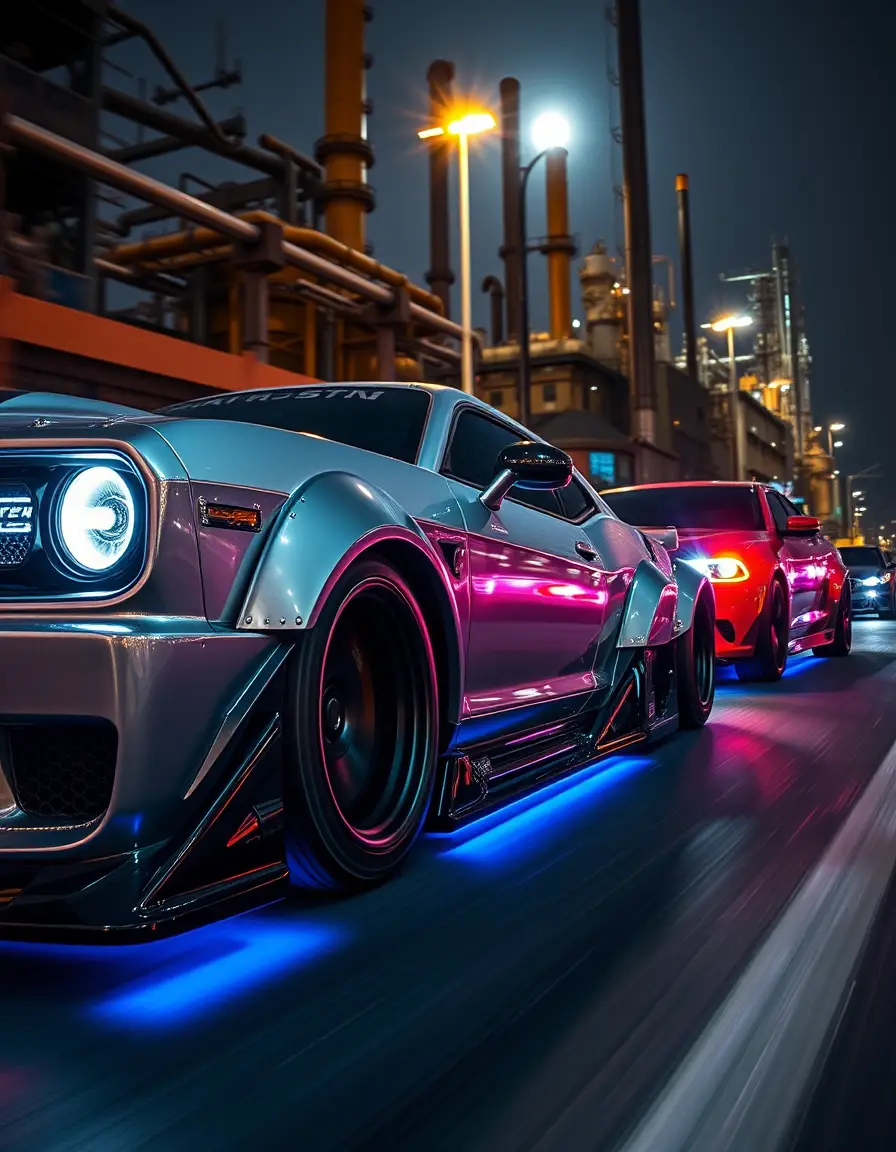 Close up street racing cars with neon glow at night