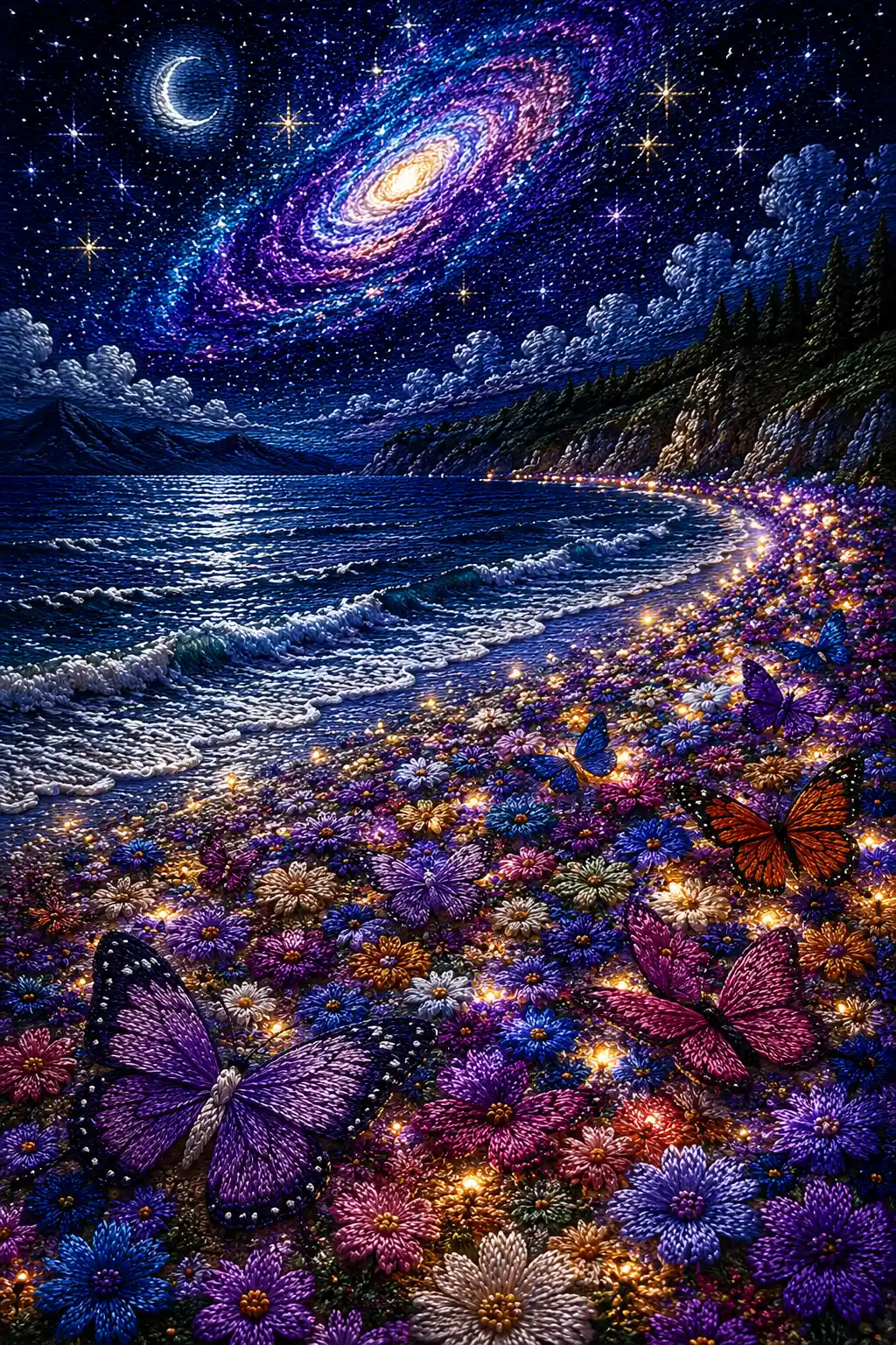 Magical Embroidered Beach Of Glowing Flowers At Night