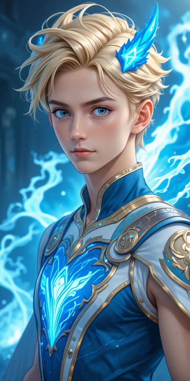 Joven héroe de anime con astas azules brillantes y capa