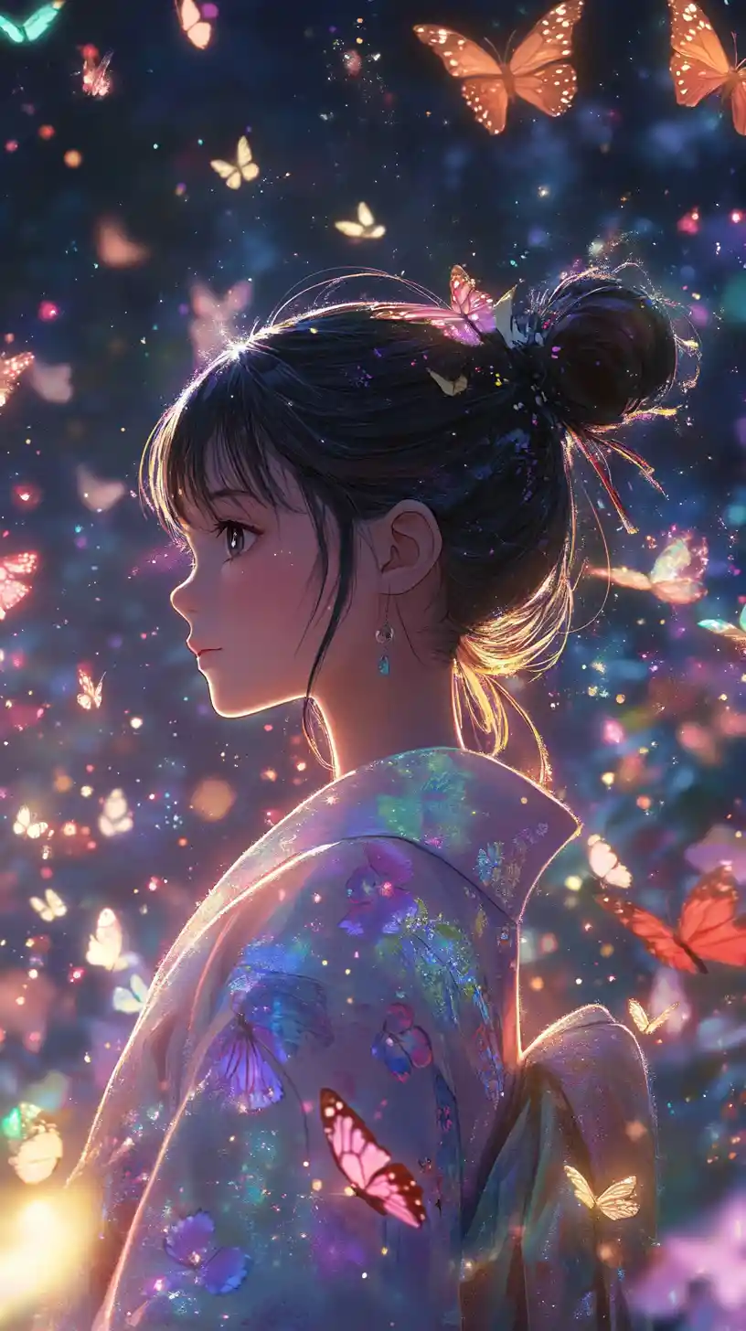 輝く宇宙の夜空の下に立つ虹色のドレスの少女