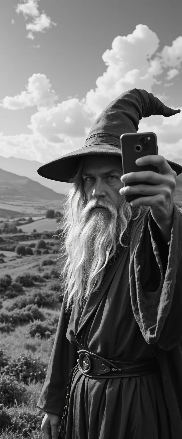 Mago em preto e branco tirando selfie no campo